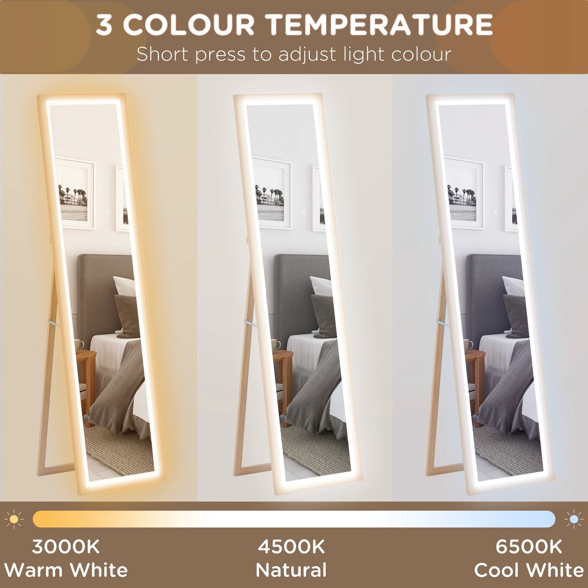 HOMCOM Dimming Full Length Mirror w/ Lights Standing Leaning Wall Mount Oak by HOMCOM