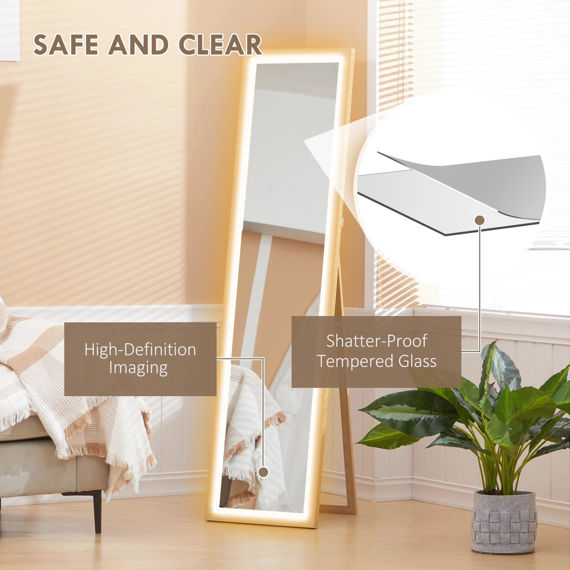 HOMCOM Dimming Full Length Mirror w/ Lights Standing Leaning Wall Mount Oak by HOMCOM