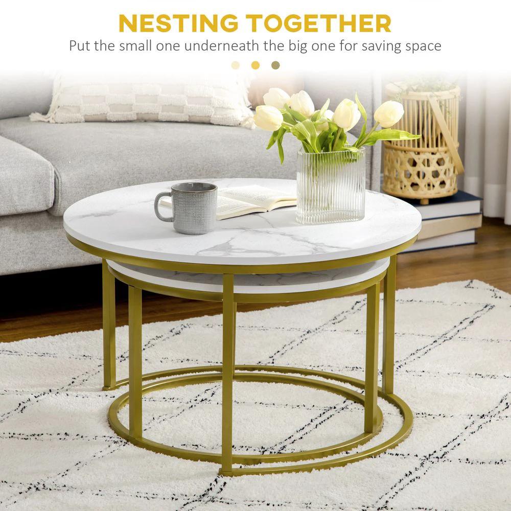 Marble Coffee Table Set of 2, Round Nest of Tables for Living Room by HOMCOM