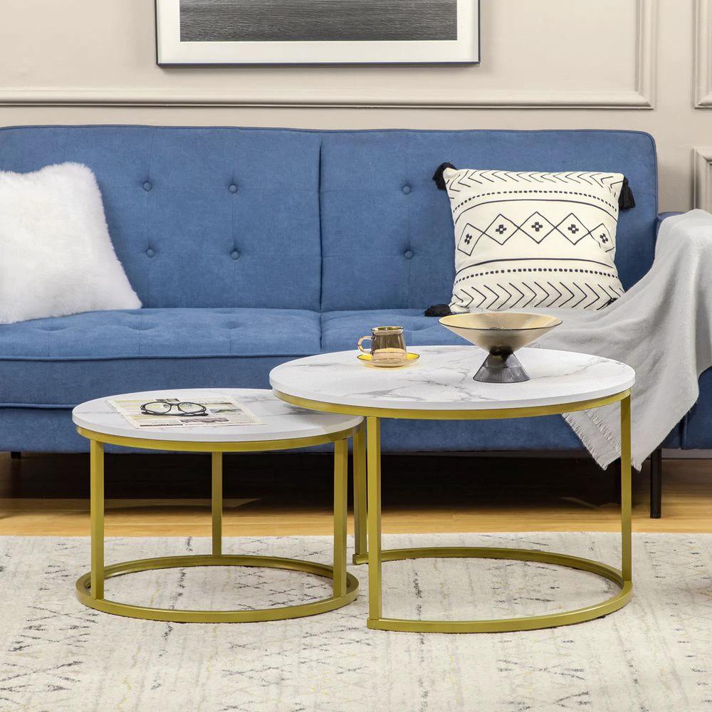 Marble Coffee Table Set of 2, Round Nest of Tables for Living Room by HOMCOM
