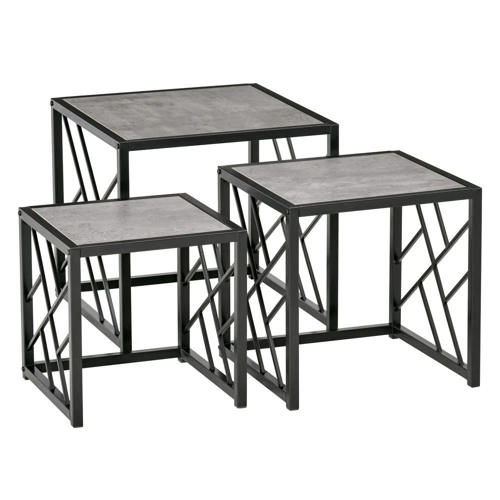 Set of 3 Nesting Coffee Tables Square End Tables w/ Metal Frame, Grey by HOMCOM