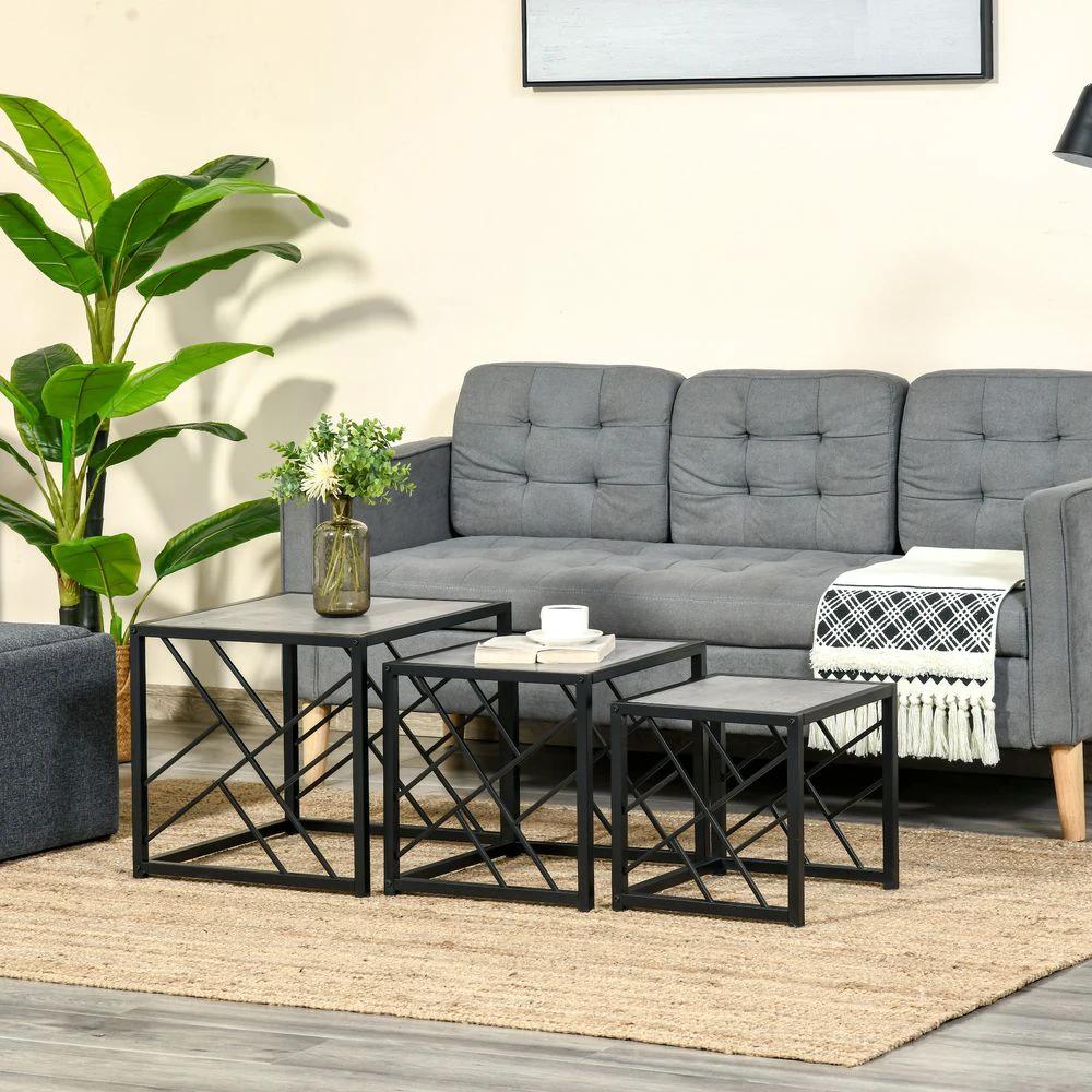 Set of 3 Nesting Coffee Tables Square End Tables w/ Metal Frame, Grey by HOMCOM
