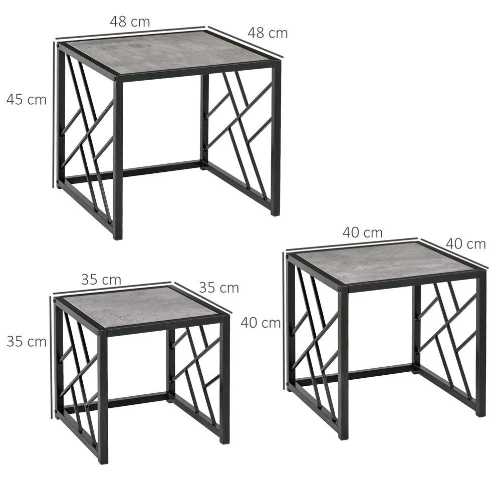 Set of 3 Nesting Coffee Tables Square End Tables w/ Metal Frame, Grey by HOMCOM