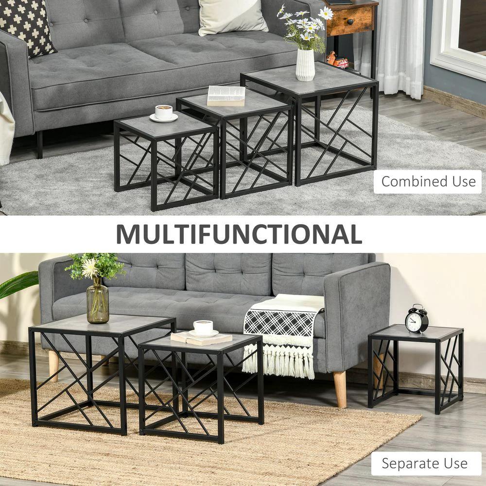 Set of 3 Nesting Coffee Tables Square End Tables w/ Metal Frame, Grey by HOMCOM