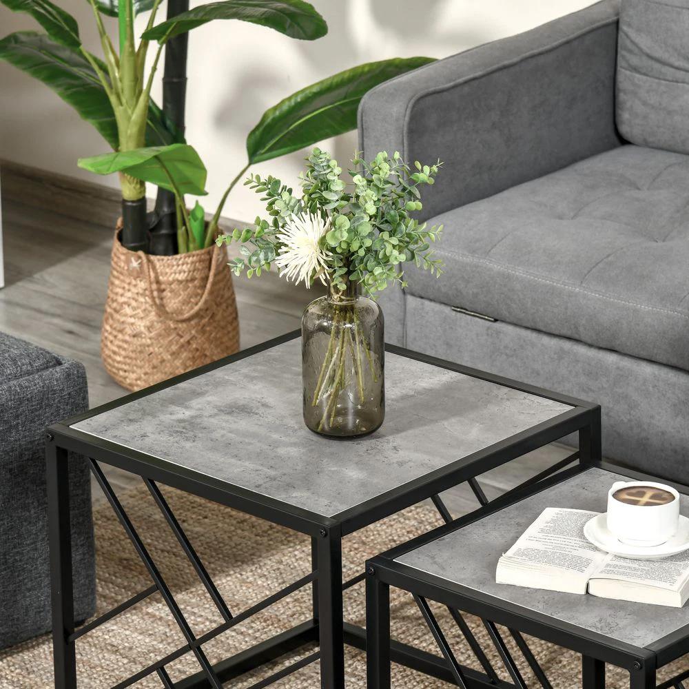 HOMCOM Set of 3 Nesting Coffee Tables Square End Tables w/ Metal Frame, Grey - Uncategorized Nest of Tables
