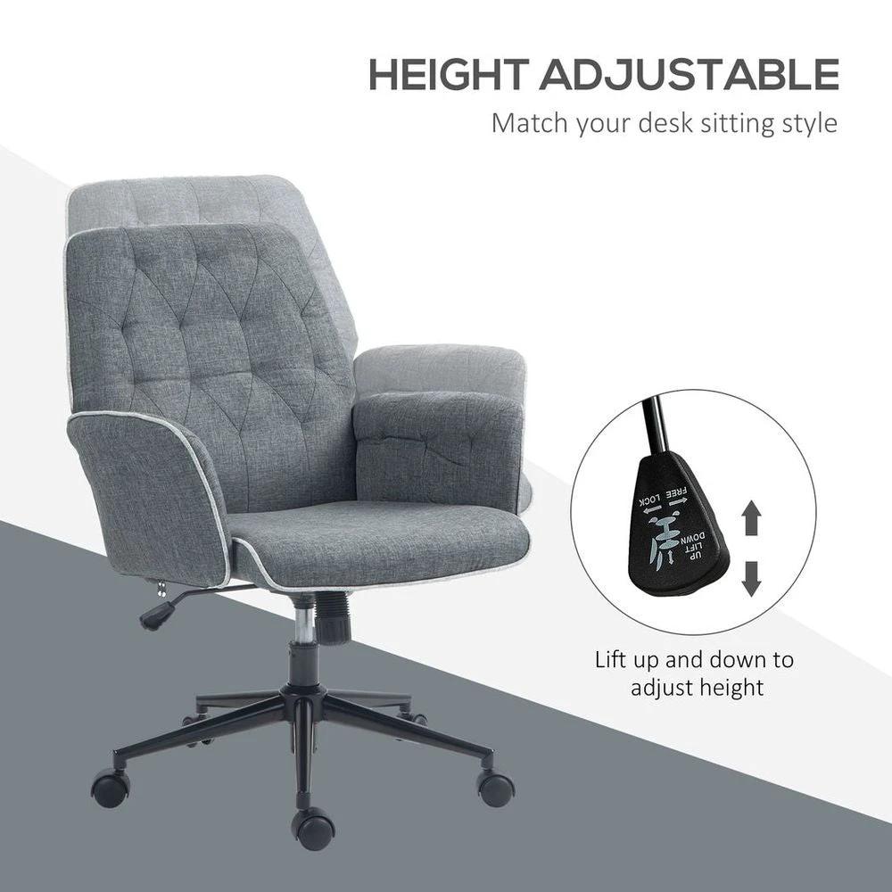 HOMCOM Office Chair Task Adjustable Height Mid Back Armrest Tilt Linen Grey by HOMCOM