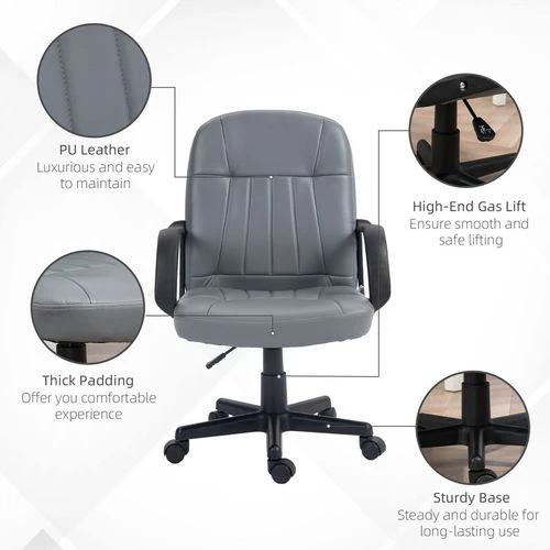 HOMCOM PU Leather Office Chair Swivel Home Mid-Back Computer Desk Chair, Grey - Office Chair