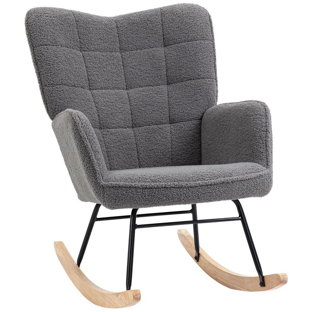 HOMCOM HOMCOM Wingback Rocking Chair for Nursing w/ Steel Frame and Wooden Base Grey - Office Chair