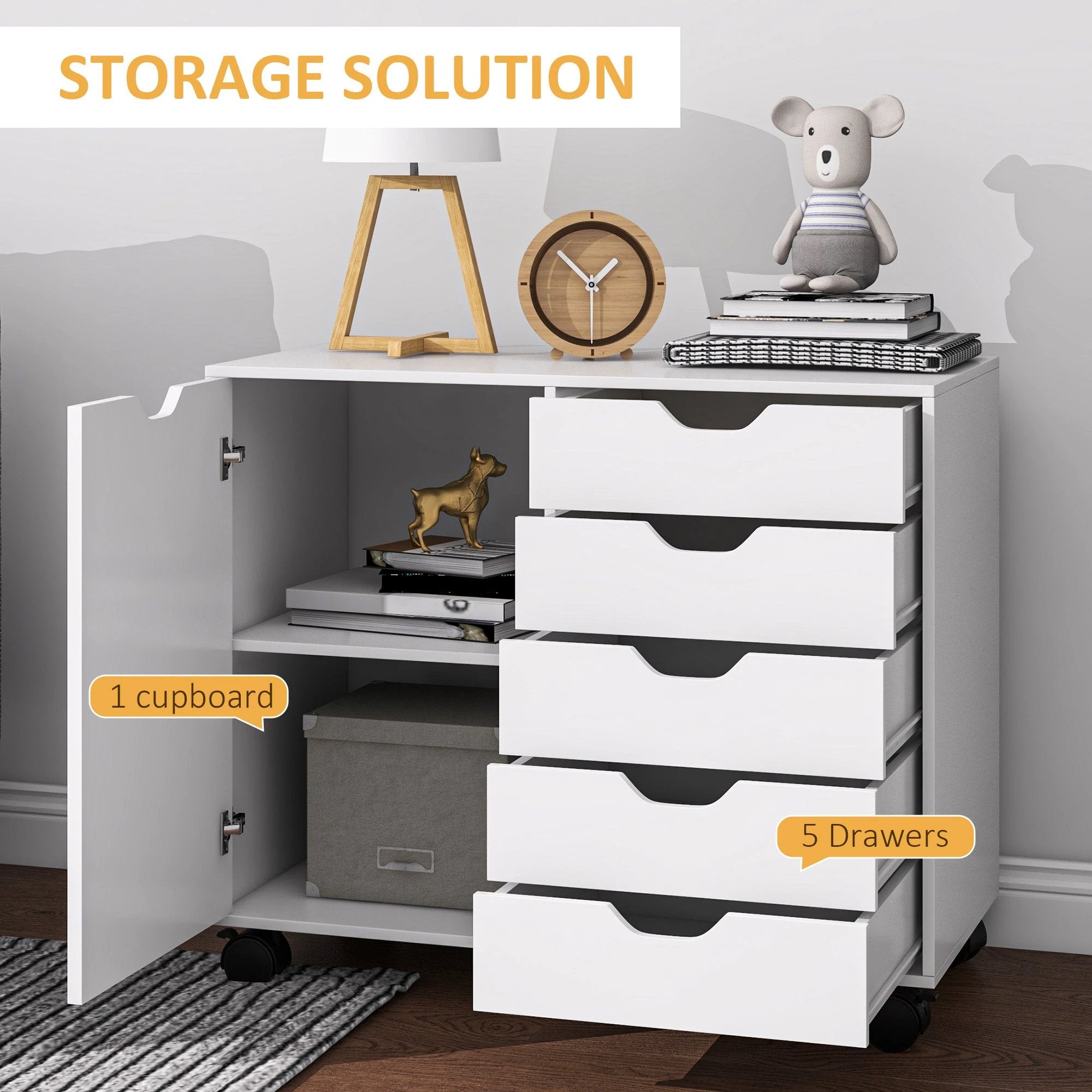 HOMCOM Modern Mobile 5-Drawer Cabinet w/ Door, Office Storage Cabinet White by HOMCOM