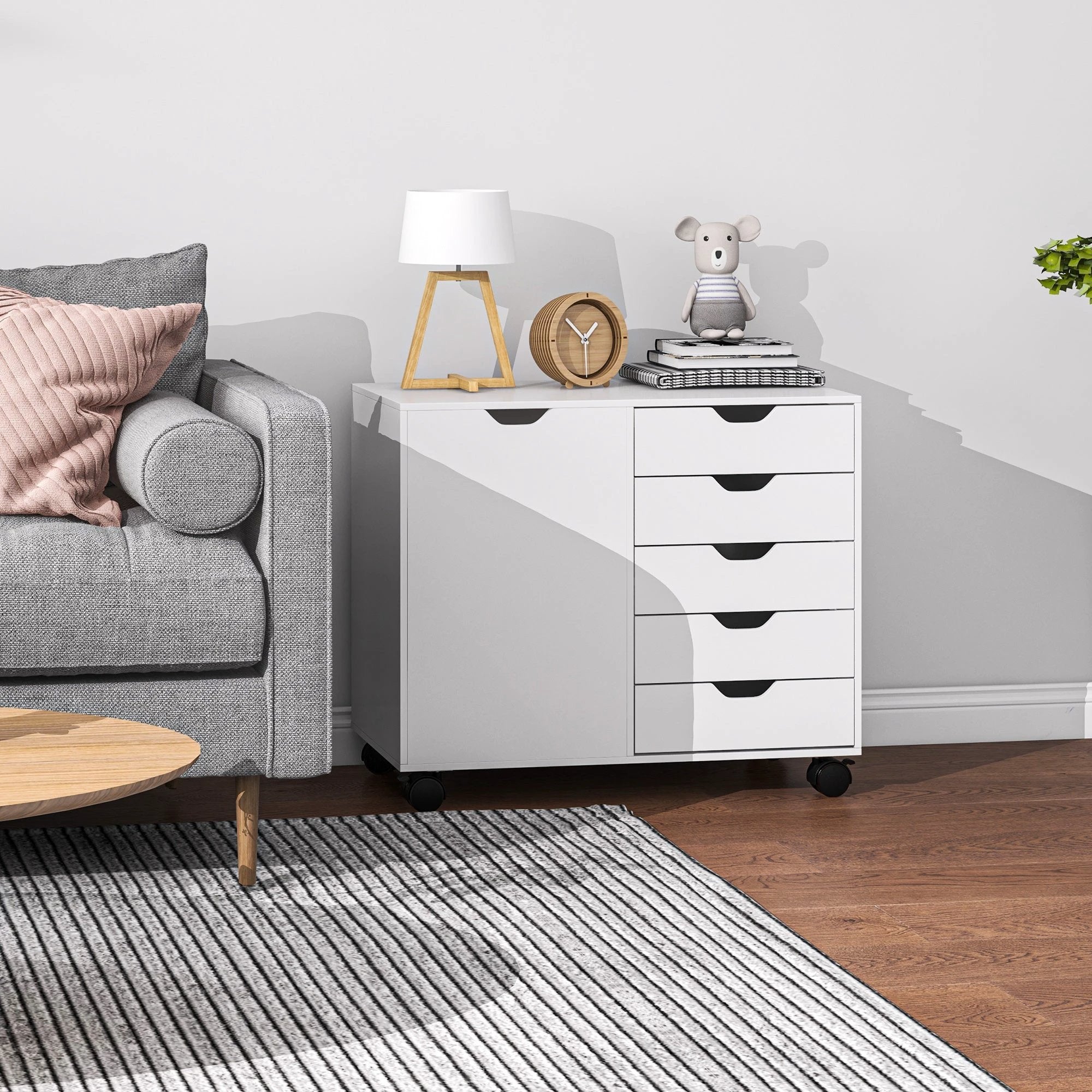 HOMCOM HOMCOM Modern Mobile 5-Drawer Cabinet w/ Door, Office Storage Cabinet White - Office Storage