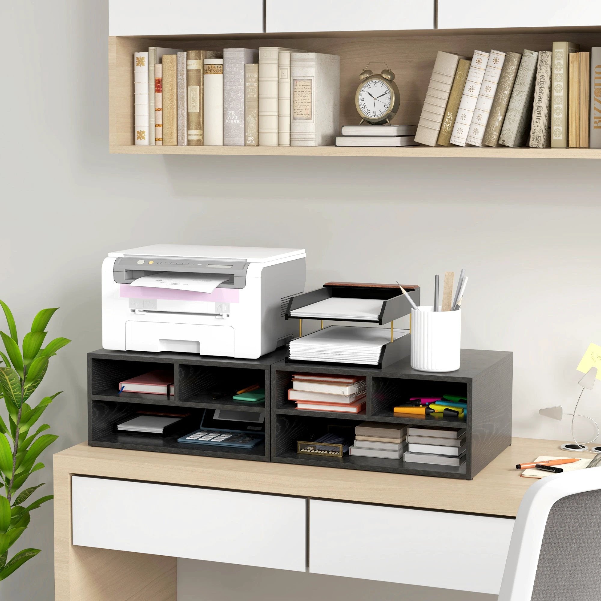 HOMCOM Desktop Printer Stand with 3 Open Compartments, Desk Organiser, Black by HOMCOM