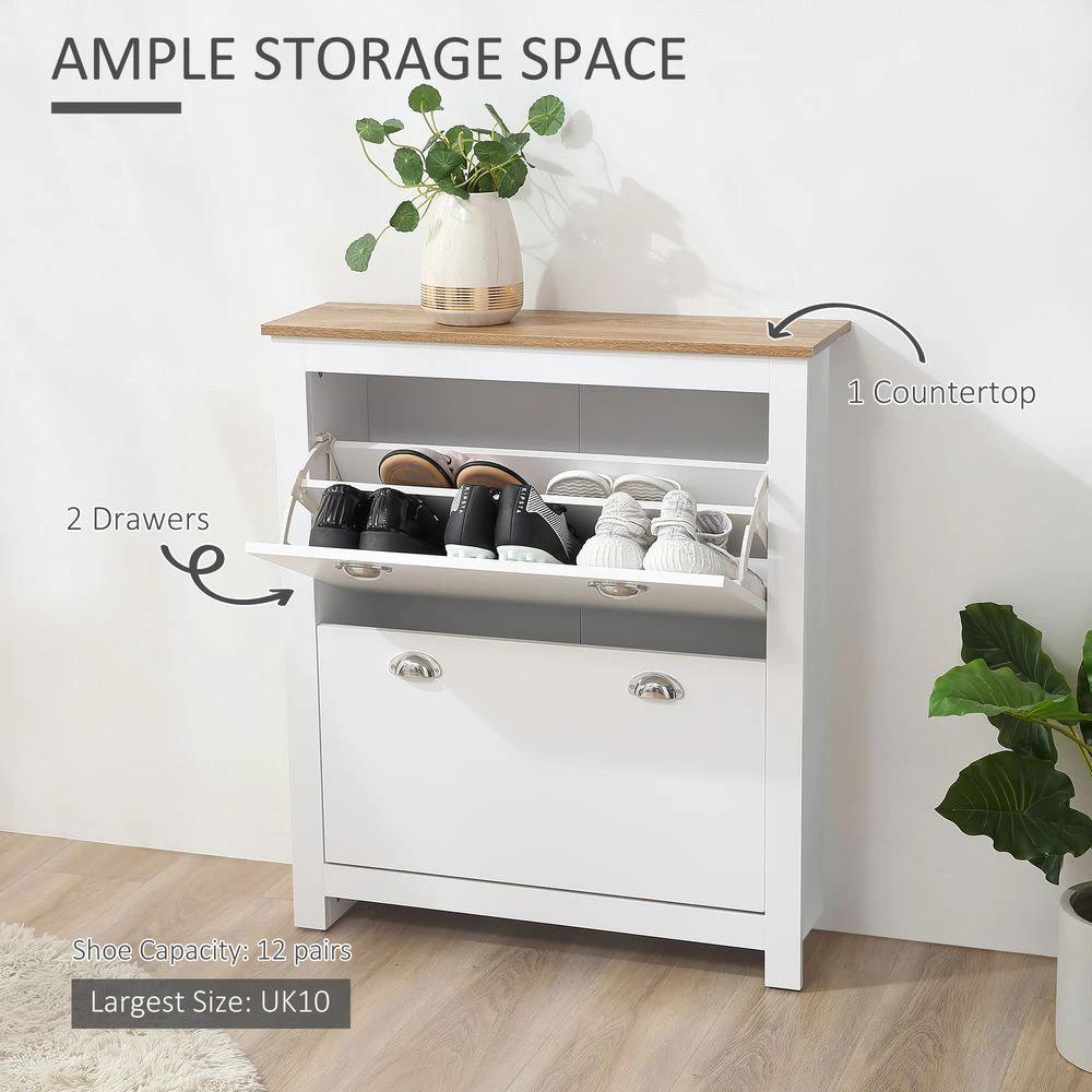 2 Drawer Shoe Cabinet Narrow Shoe Cupboard with Flip Doors White Homcom by HOMCOM