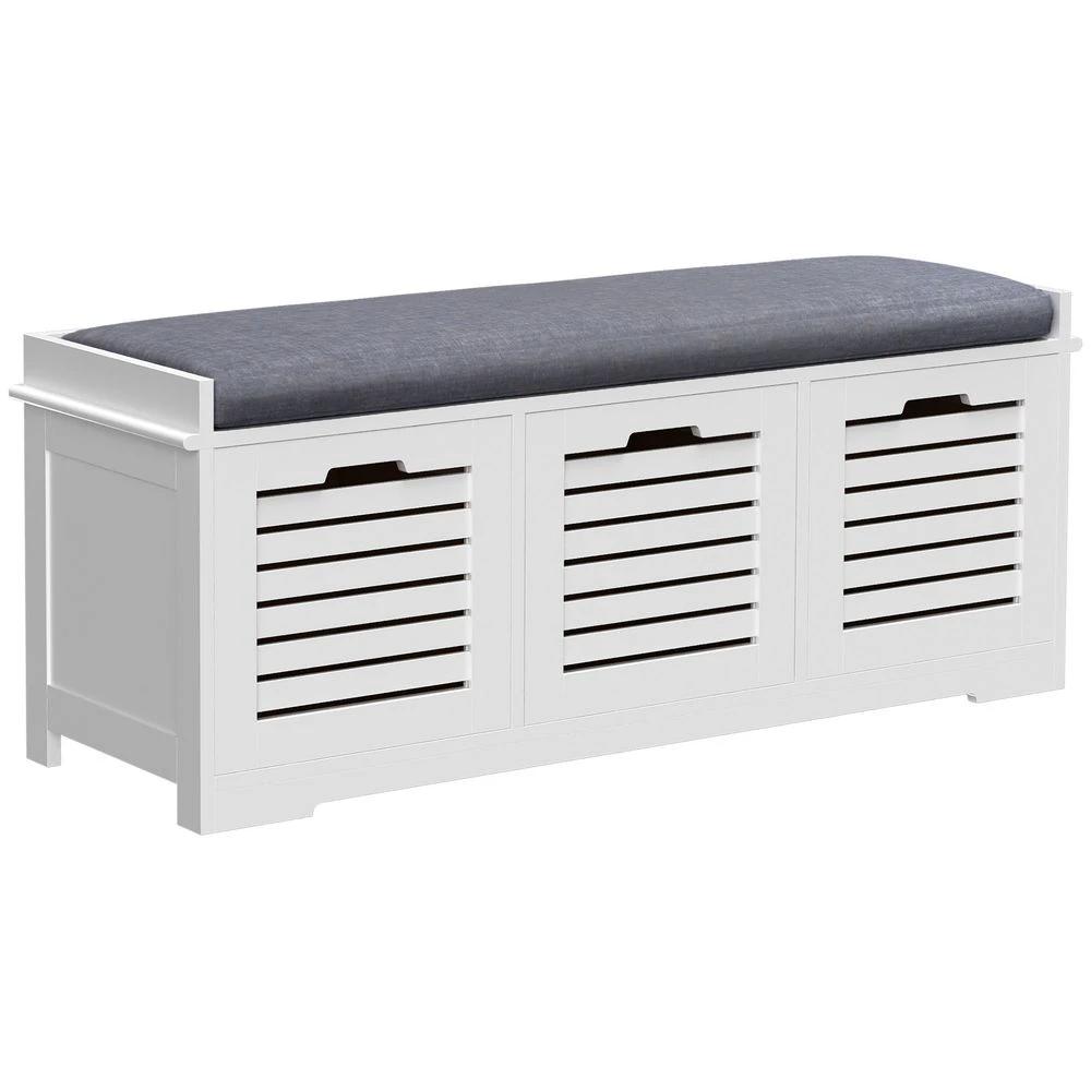 3-Door Homcom Shoe Storage Bench Cushion Seat Slatted Doors Elevated Base White by HOMCOM