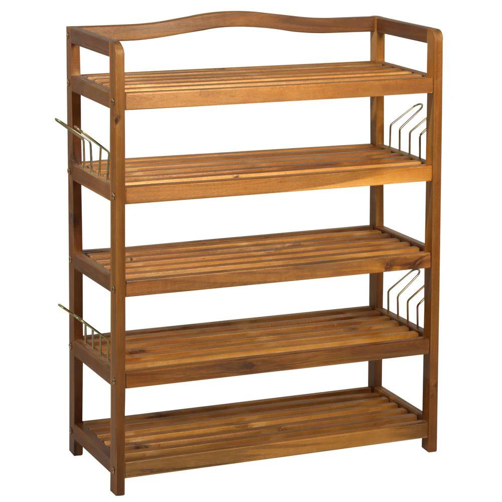 HOMCOM 5-Tier Shoe Rack Acacia Wood Shoe Storage Shelf Teak - Uncategorized Shoe Storage