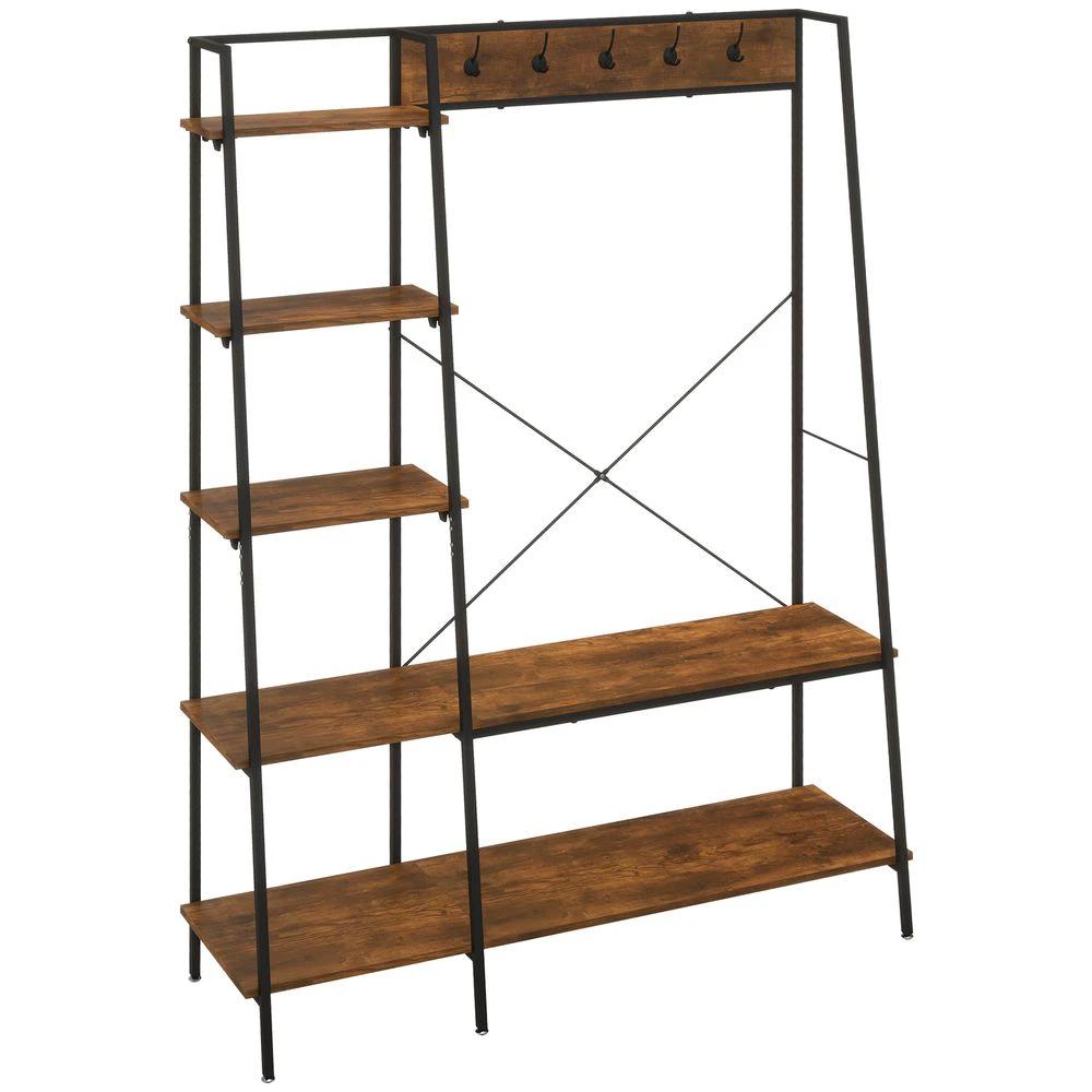 HOMCOM Coat Rack, Coat Stand with Shoe Storage, 5 Hooks for Hallway, Brown - Uncategorized Shoe Storage