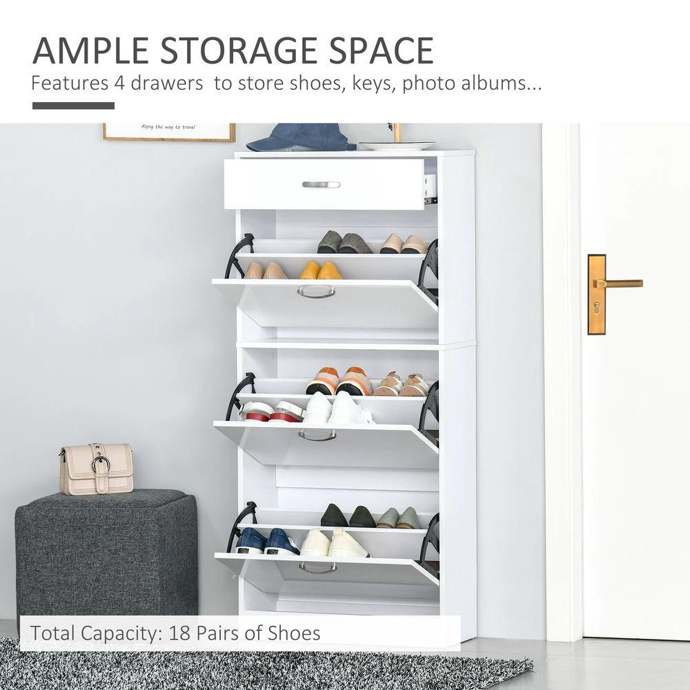 Shoe Cabinet 4 Drawers Storage with Flip Doors Shelves for 18 Pairs White by HOMCOM