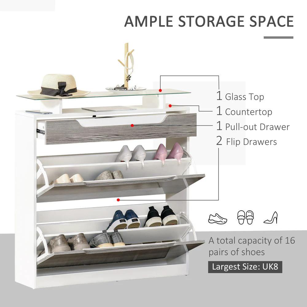 Shoe Cabinet w/ 3 Drawers High Gloss Storage Cupboard w/ Glass Top Grey by HOMCOM