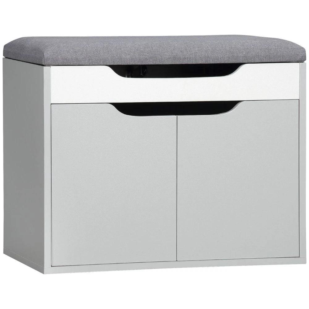 Shoe Storage Bench w/ Cabinet Adjustable Shelf and Cushion for Entryway Grey by HOMCOM