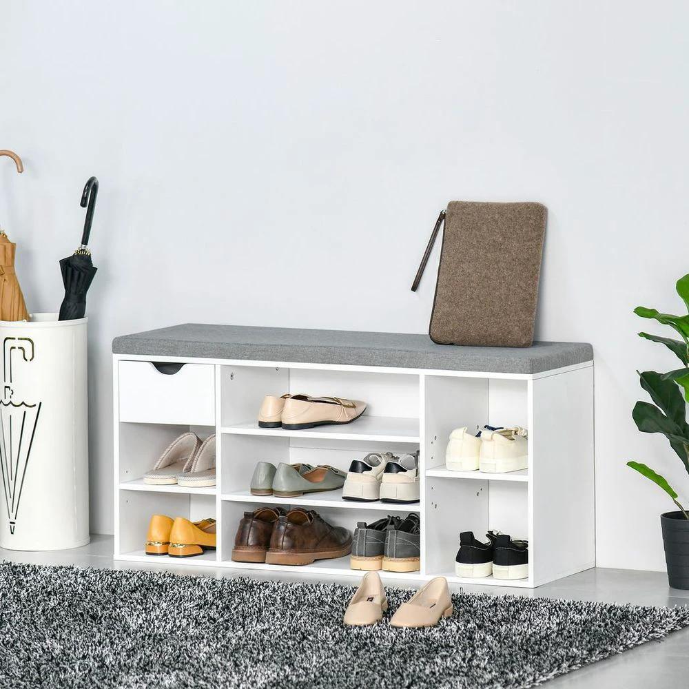 Shoe Storage Cabinet Bench w/ Cushion Adjustable Shelves White and Grey by HOMCOM