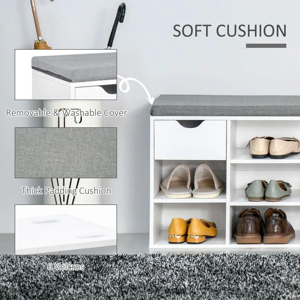 Shoe Storage Cabinet Bench w/ Cushion Adjustable Shelves White and Grey by HOMCOM