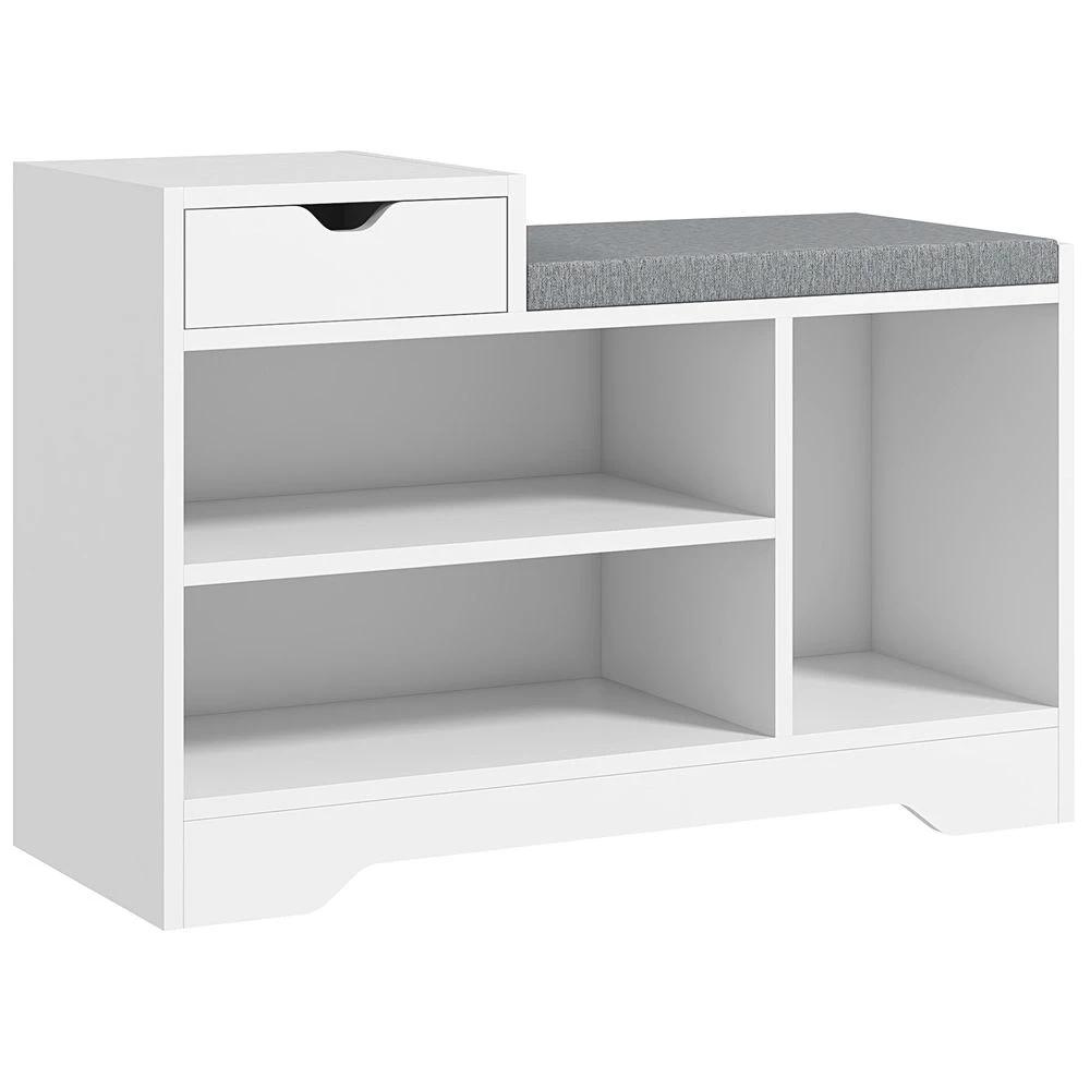 HOMCOM Upholstered Entryway Shoe Bench with Storage Drawer Open Shelf White - Uncategorized Shoe Storage