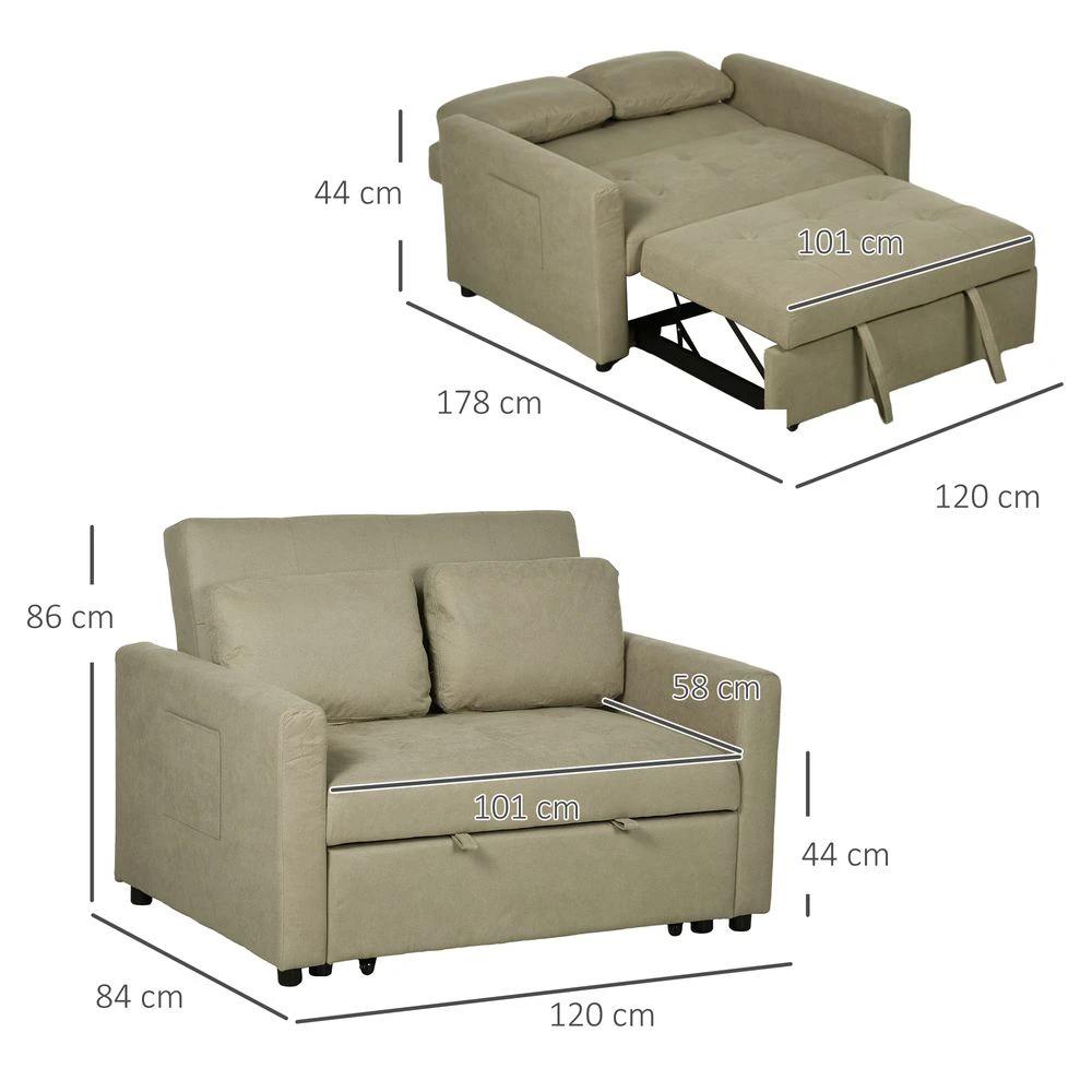 2 Seater Homcom Sofa Bed Convertible Bed Settee with Cushions, Pockets, Brown by HOMCOM