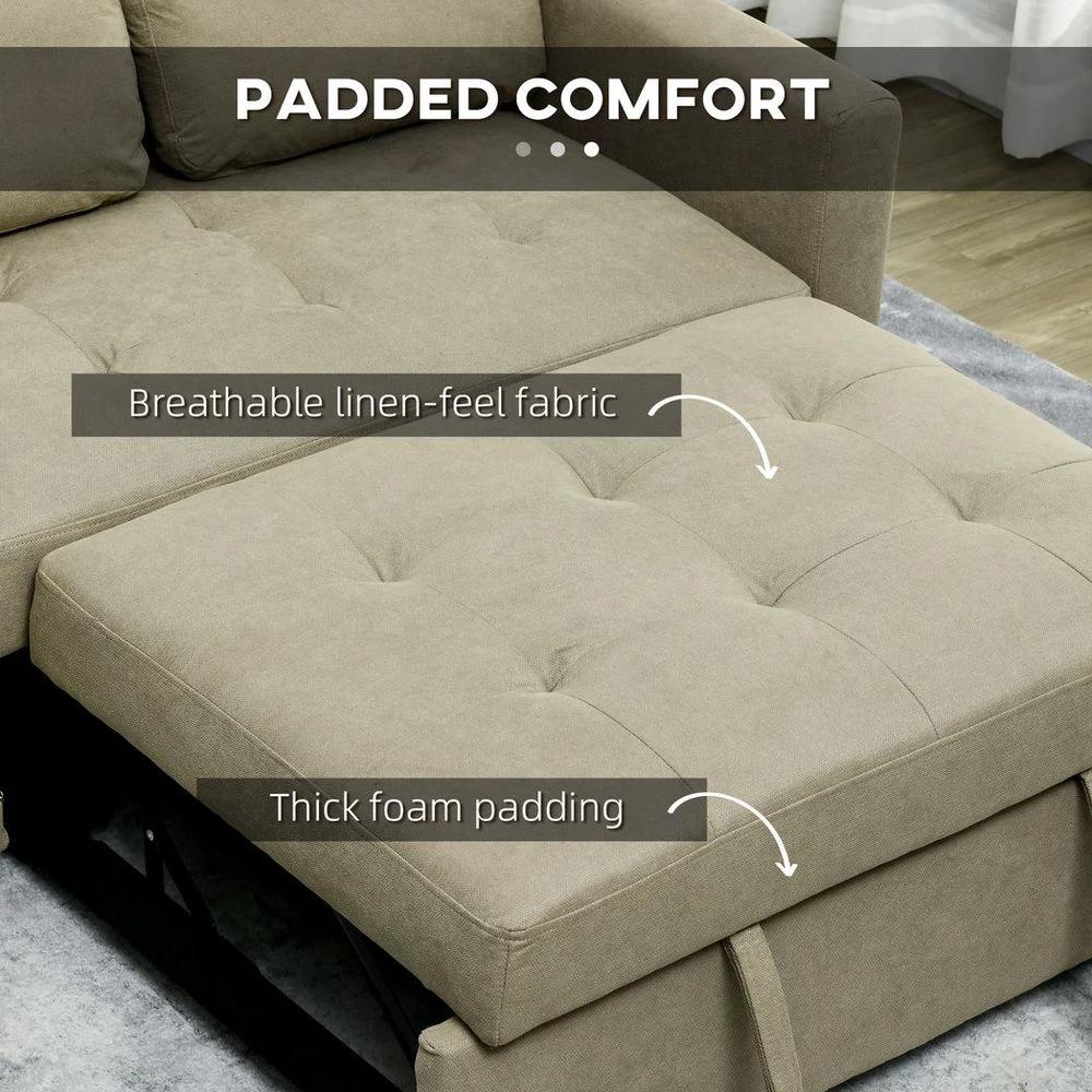 2 Seater Homcom Sofa Bed Convertible Bed Settee with Cushions, Pockets, Brown by HOMCOM