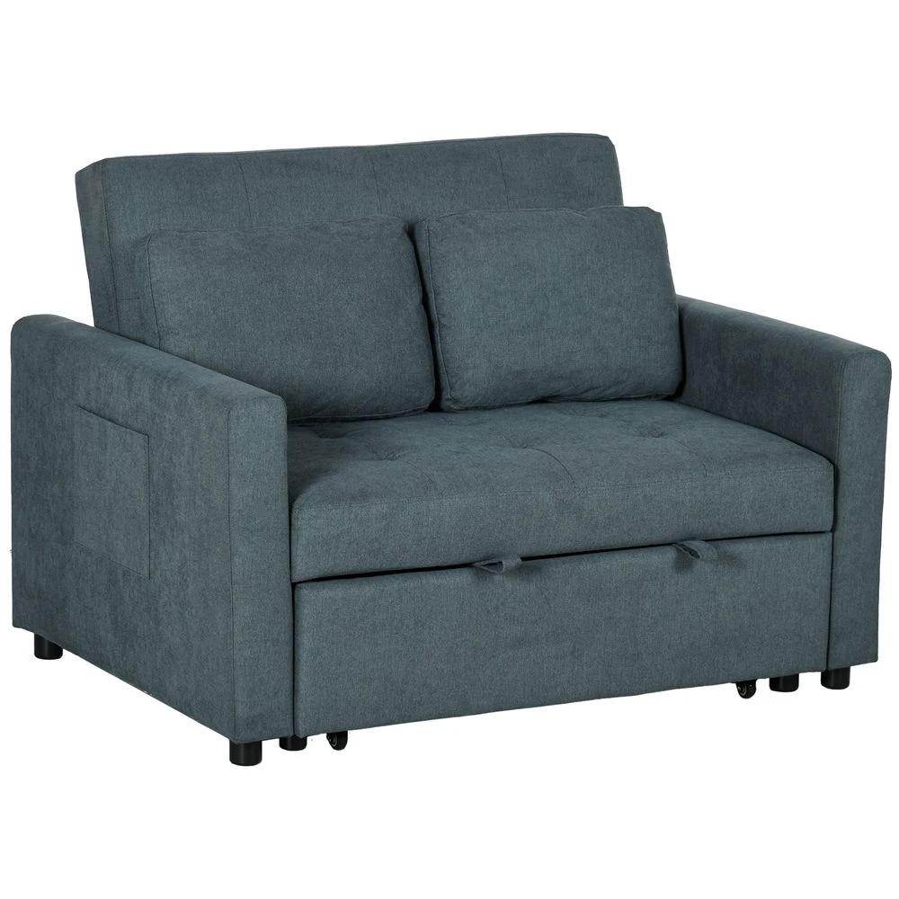 2 Seater Homcom Sofa Bed Convertible Bed Settee with Cushions, Pockets, Grey by HOMCOM