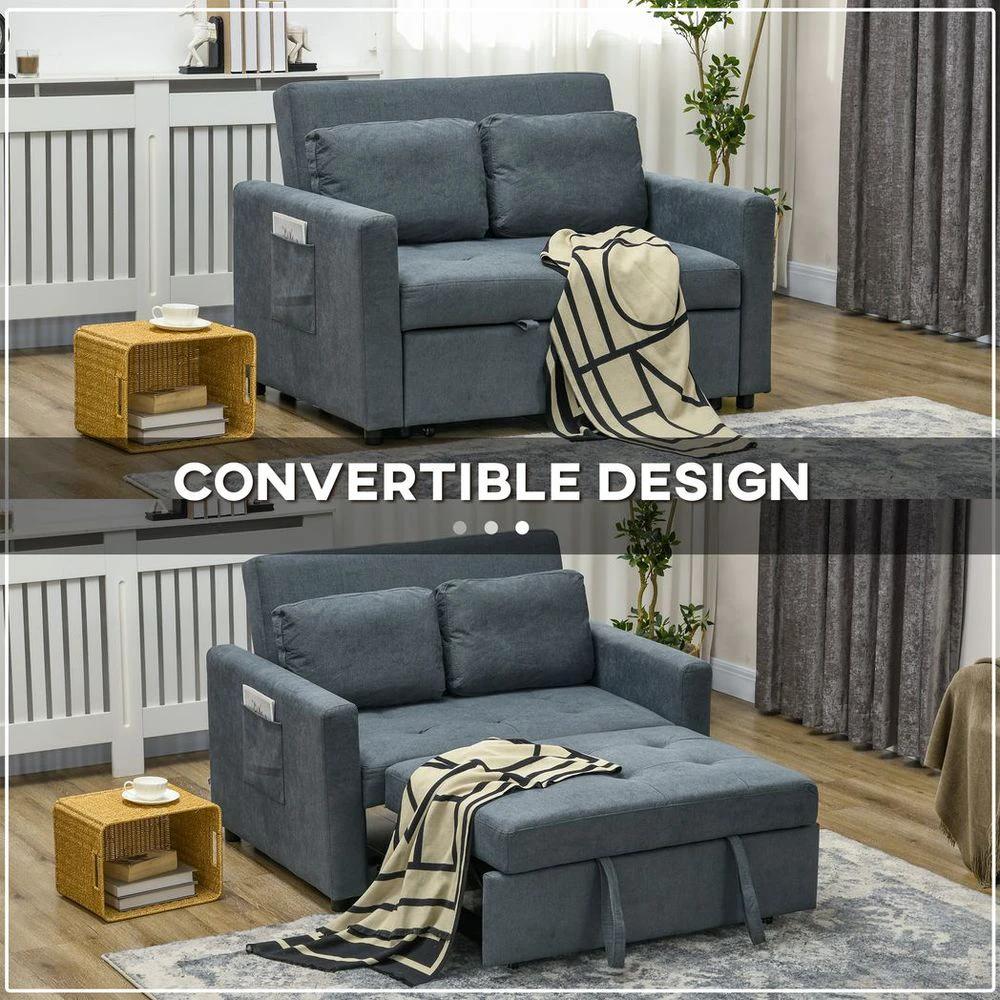2 Seater Homcom Sofa Bed Convertible Bed Settee with Cushions, Pockets, Grey by HOMCOM