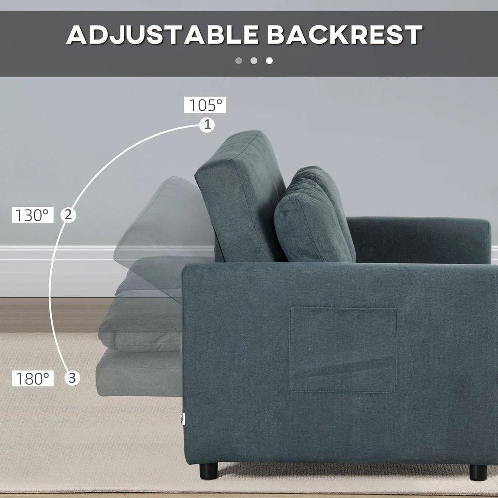 2 Seater Homcom Sofa Bed Convertible Bed Settee with Cushions, Pockets, Grey by HOMCOM