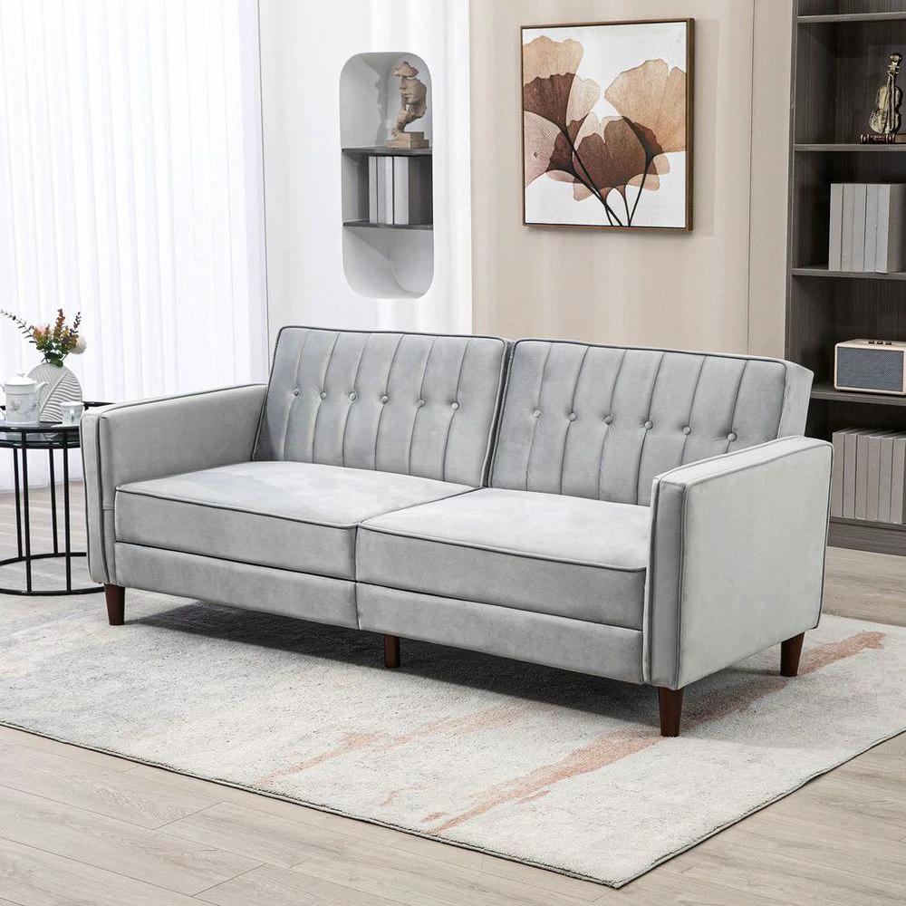Convertible Sofa Futon Velvet-Touch Tufted Couch Sofa Bed Split Back Grey by HOMCOM