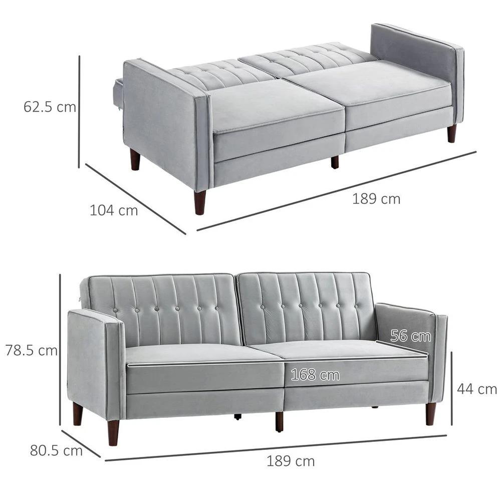 Convertible Sofa Futon Velvet-Touch Tufted Couch Sofa Bed Split Back Grey by HOMCOM