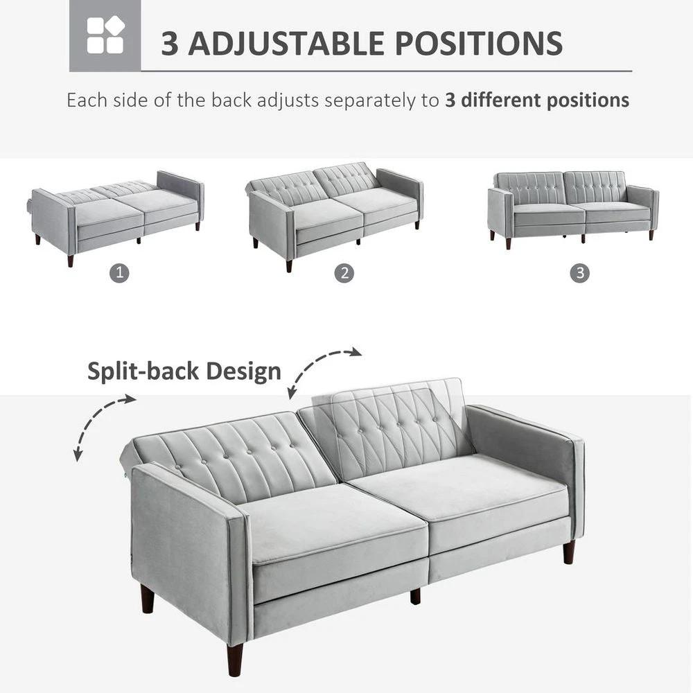 Convertible Sofa Futon Velvet-Touch Tufted Couch Sofa Bed Split Back Grey by HOMCOM