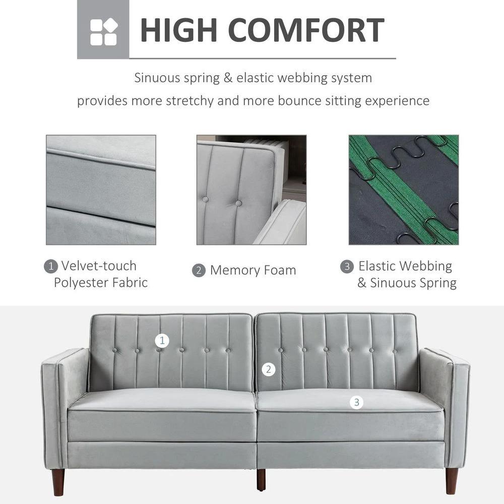 Convertible Sofa Futon Velvet-Touch Tufted Couch Sofa Bed Split Back Grey by HOMCOM