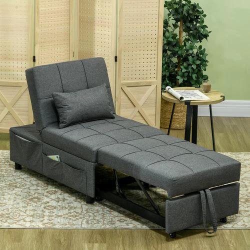 HOMCOM HOMCOM Folding Sofa Bed Adjustable Single Sleeper w/ Pillow Side Pocket, Grey - Sofa Bed