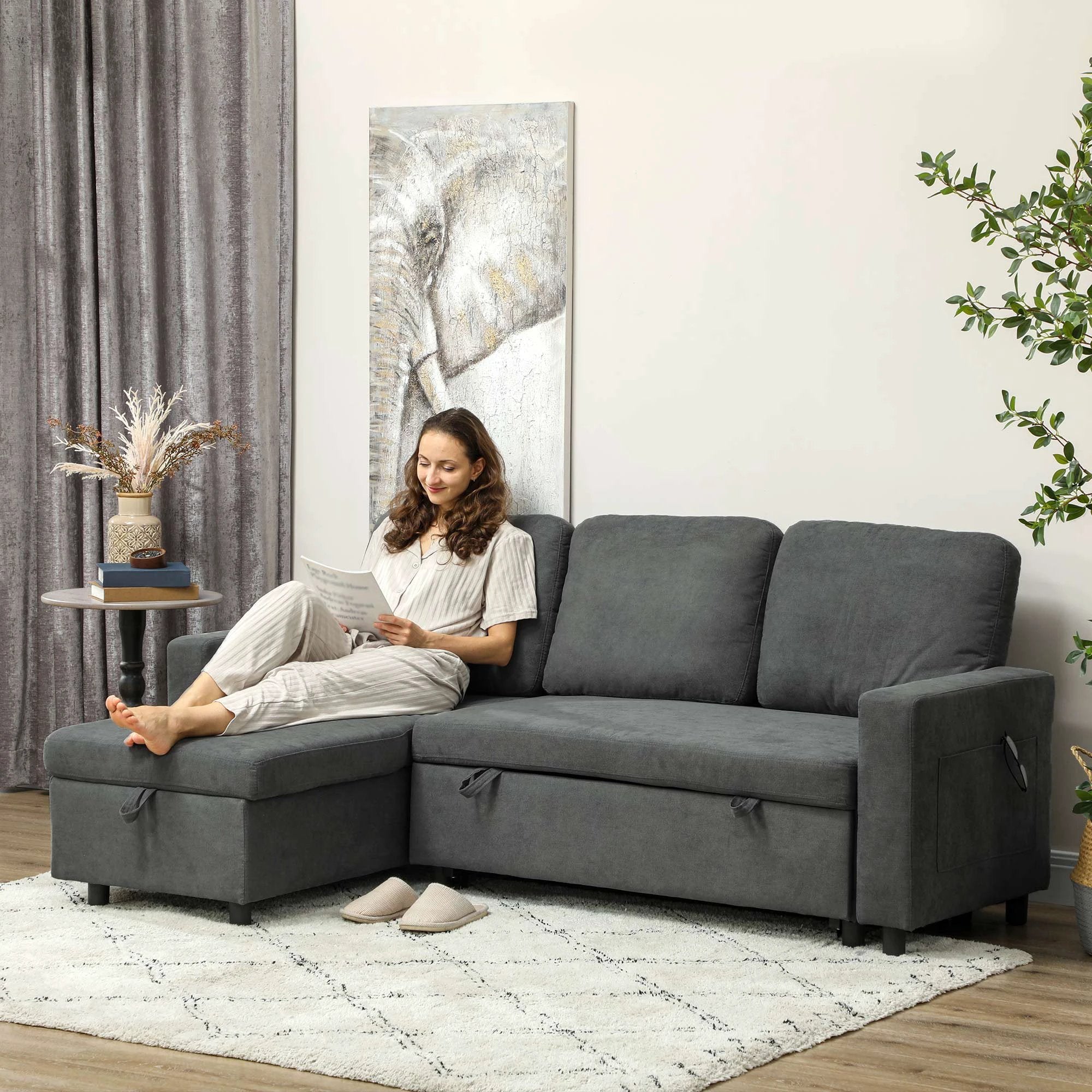 HOMCOM Pull Out Sofa Bed L Shape Corner Sofa w/ Reversible Chaise by HOMCOM