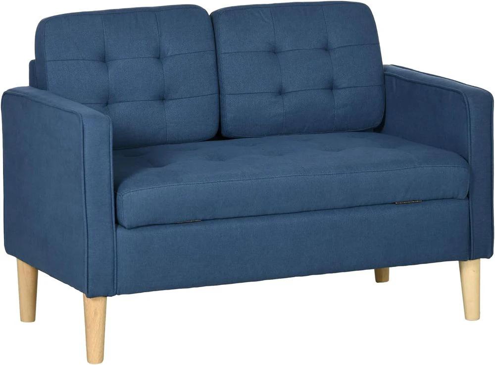 Compact Loveseat Sofa 2 Seater Sofa with Storage and Wood Legs Blue by HOMCOM
