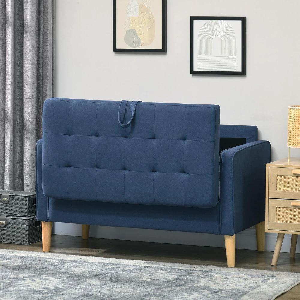 Compact Loveseat Sofa 2 Seater Sofa with Storage and Wood Legs Blue by HOMCOM
