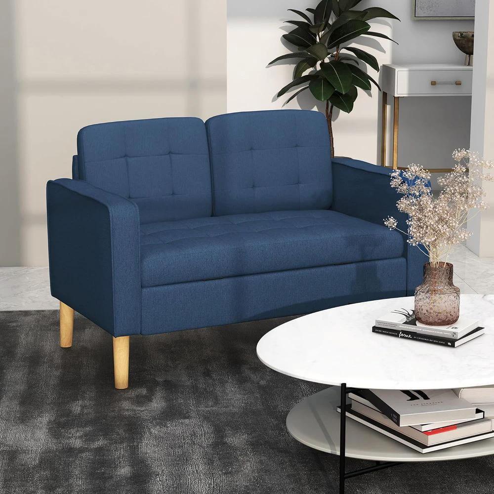 Compact Loveseat Sofa 2 Seater Sofa with Storage and Wood Legs Blue by HOMCOM