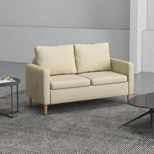 HOMCOM 2 Seater Sofa Modern Fabric Couch with Wood Legs and 2 Pockets Beige by HOMCOM