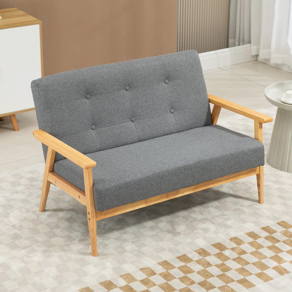HOMCOM Modern 2-Seater Sofa Upholstery Couch with Rubber Wood Legs Dark Grey - Uncategorized Sofa