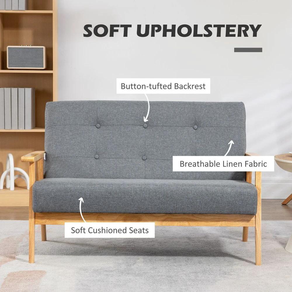 HOMCOM Modern 2-Seater Sofa Upholstery Couch with Rubber Wood Legs Dark Grey - Uncategorized Sofa