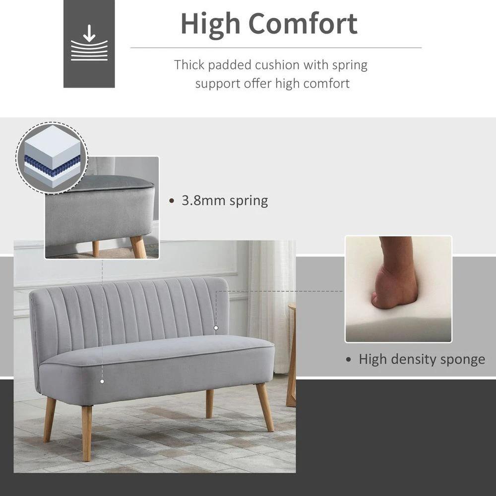 Modern Double Seat Sofa Compact Loveseat Couch Padded Velvet Wood Legs, Grey by HOMCOM