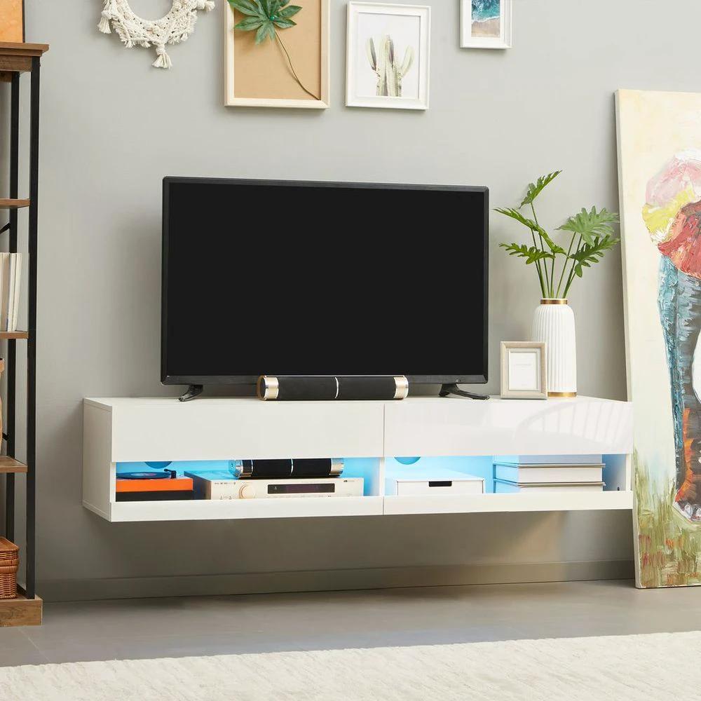 High Gloss TV Stand Unit Wall Mounted with Storage and LED Lights, White by HOMCOM