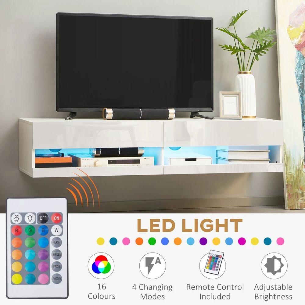 High Gloss TV Stand Unit Wall Mounted with Storage and LED Lights, White by HOMCOM