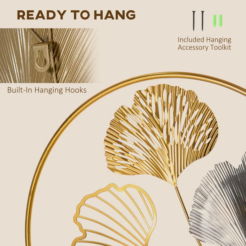 Minimalist Metal Wall Art Ginkgo Leaves Hanging Wall Sculpture, Gold by HOMCOM