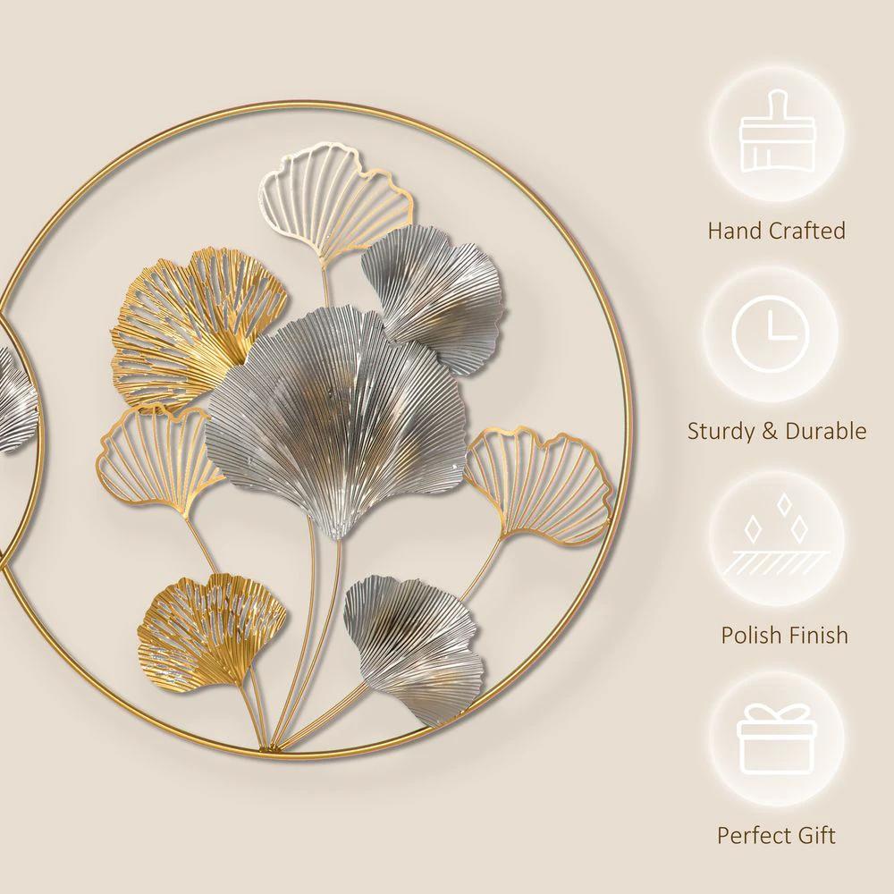 Minimalist Metal Wall Art Ginkgo Leaves Hanging Wall Sculpture, Gold by HOMCOM