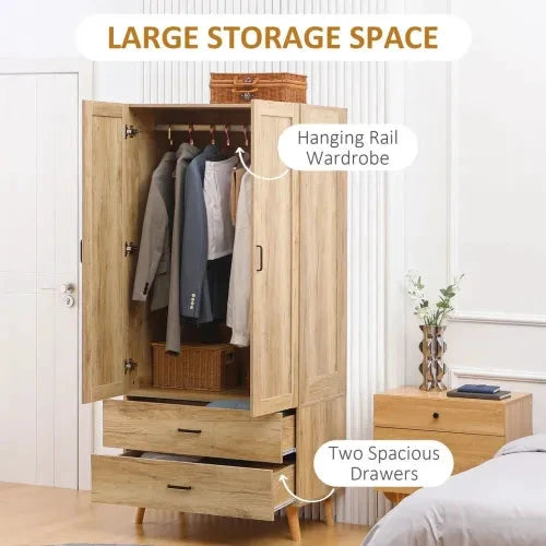 HOMCOM 2 Door Wardrobe, Modern Wardrobe w/ 2 Drawer, Hanging Rail for Bedroom Natural - Wardrobe