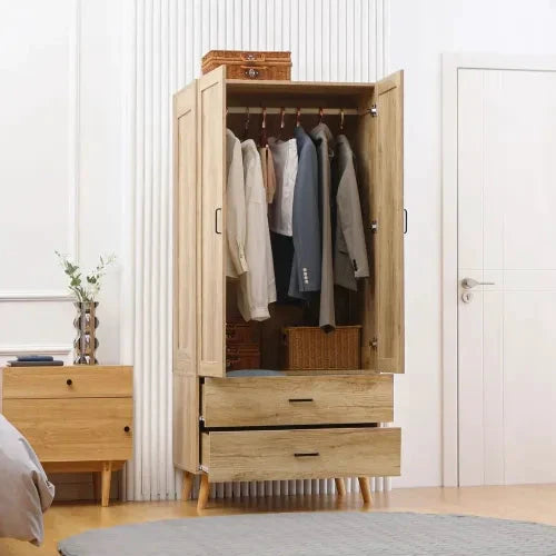 HOMCOM 2 Door Wardrobe, Modern Wardrobe w/ 2 Drawer, Hanging Rail for Bedroom Natural - Wardrobe