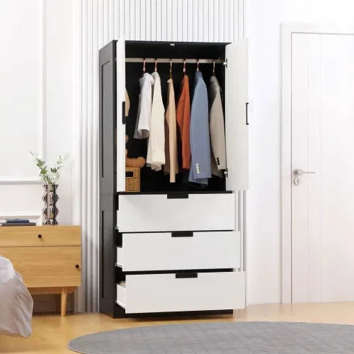 2 Door Wardrobe Modern Wardrobe with 3 Drawer and Hanging Rod for Bedroom White by HOMCOM